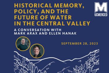 Image of Mark Arax and Ellen Hanak in circle icons, blue background and a white sketch of mountains and water