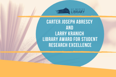 Blue circle logo of library award with an open book in background