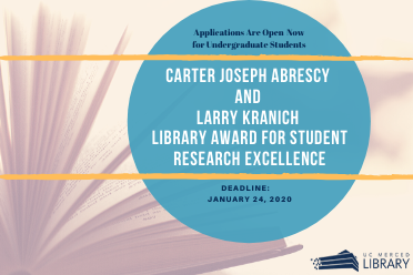 circular teal logo with Cater Joseph Abresy and Larry Kranich Library Award for Student Research Excellence in the middle- picture of an open book in the background